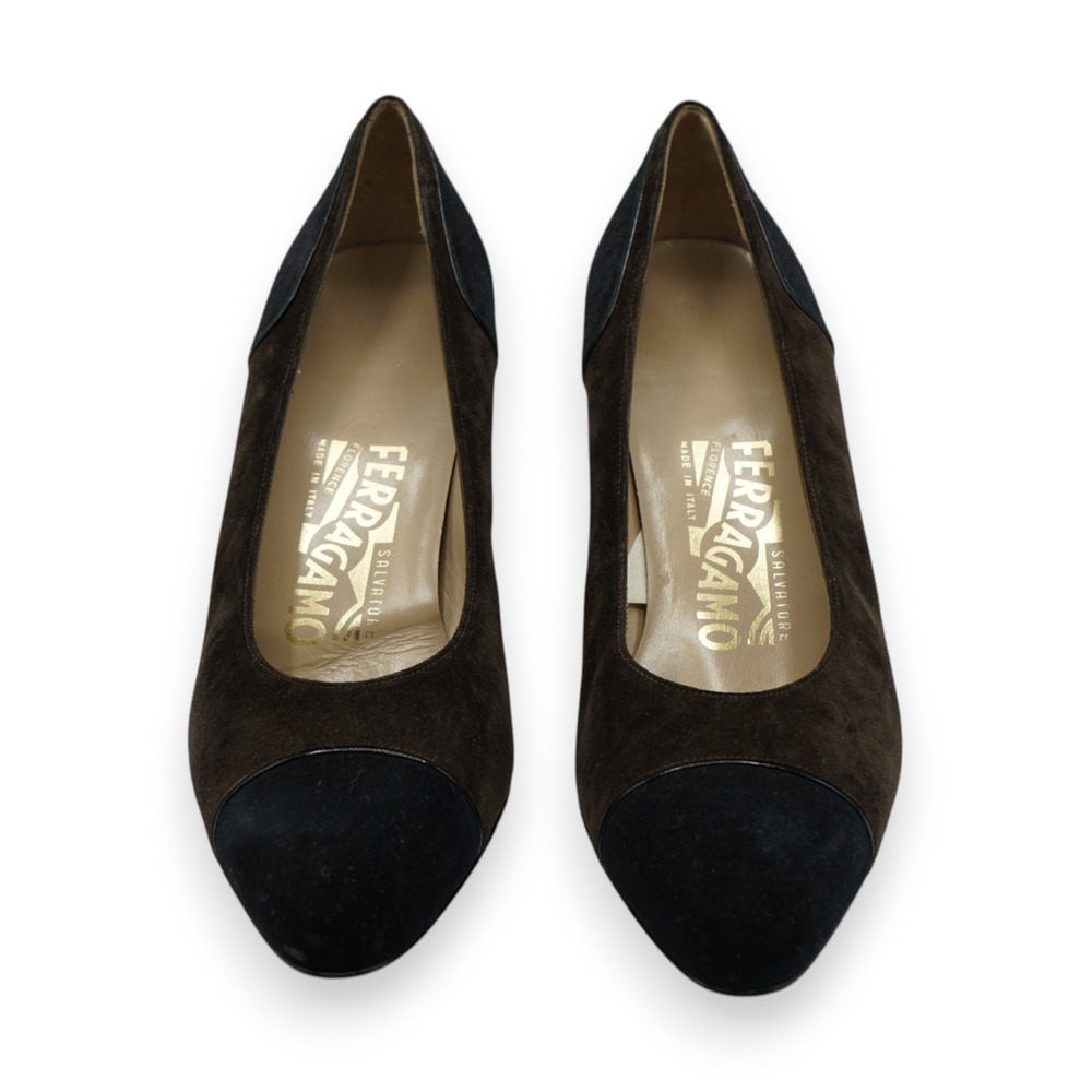 Salvatore Ferragamo Women's 7.5 B Brown/Black Suede Cap Toe Italy Made DQ38032